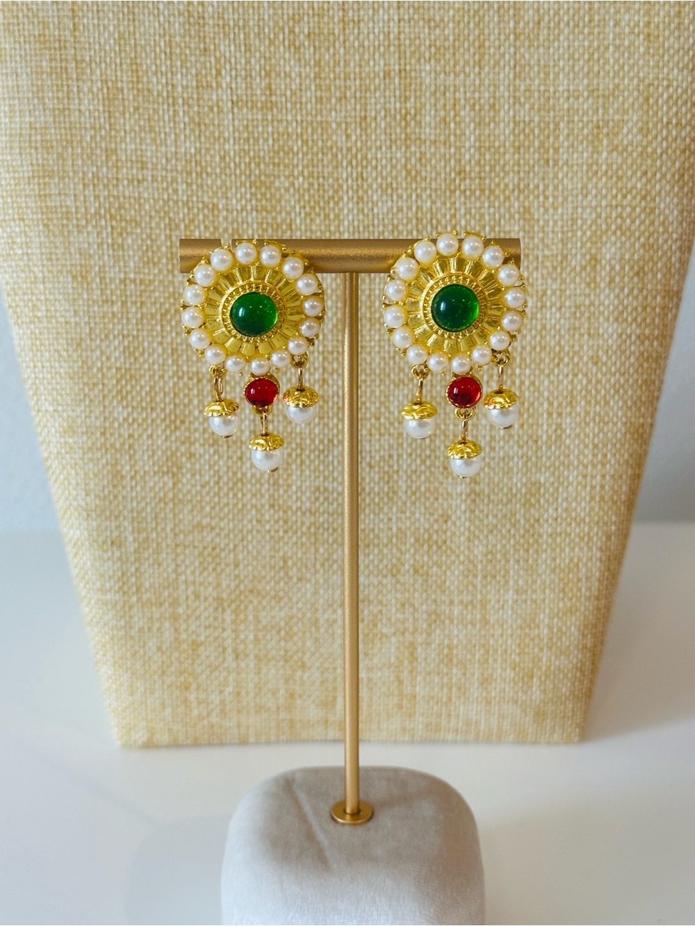 Fashion Jewelry Gold-Tone Earrings with Green Center & Red Accent